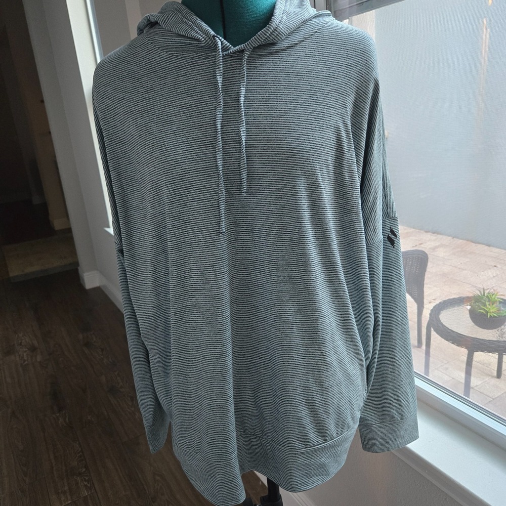 Skechers Womens Size XL Blue/Gray Striped Hooded Pullover Top Soft Long Sleeves
